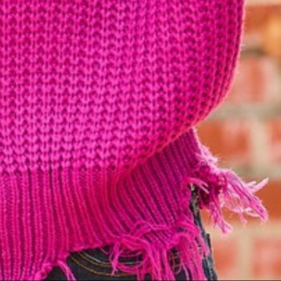 Off Shoulder Distressed V Neck Sweater Magenta Pink - Picture 4 of 7